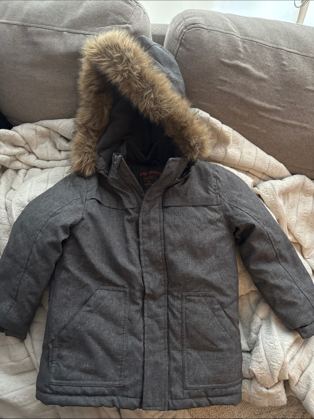 Joe Fresh Kids Charcoal Gray Hooded Puffer Coat with Faux Fur Trim